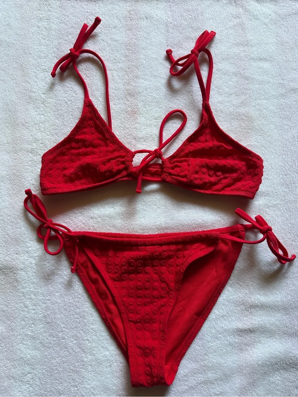 Topshop Red Tie-Side Textured Bikini Set